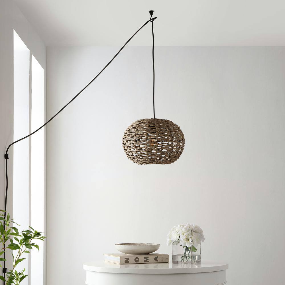 Isla Farmhouse 14" Brown Rattan LED Pendant with Adjustable Cord