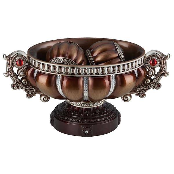 16.25 in. W x 8.75 in. H Round Bronze Plastic Decorative Bowl with Bejeweled Red Accent & 2 Spheres for Any Room
