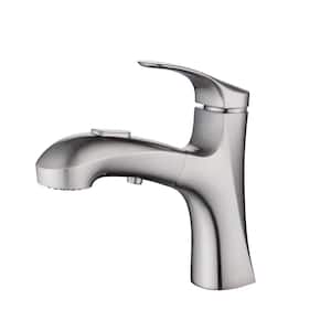 Mondawell Swivel 2-Mode Single-Handle Single-Hole Low Arc Bathroom Faucet with Pull Out Spray and Deckplate in Nickel