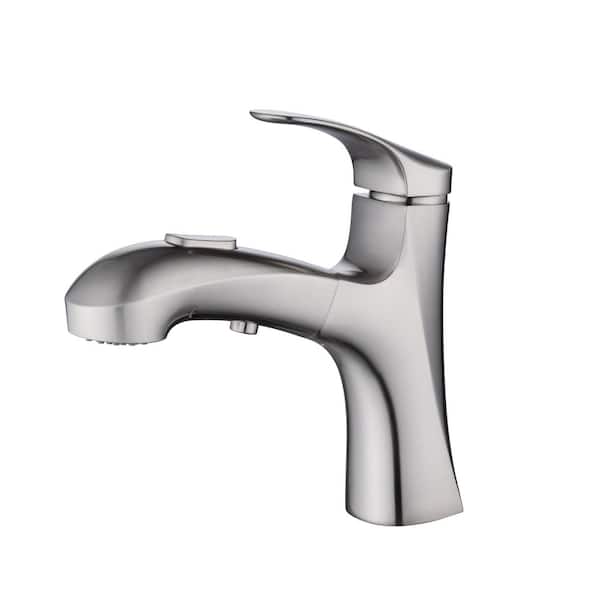 Mondawe Mondawell Swivel 2-Mode Single-Handle Single-Hole Low Arc Bathroom Faucet with Pull Out Spray and Deckplate in Nickel