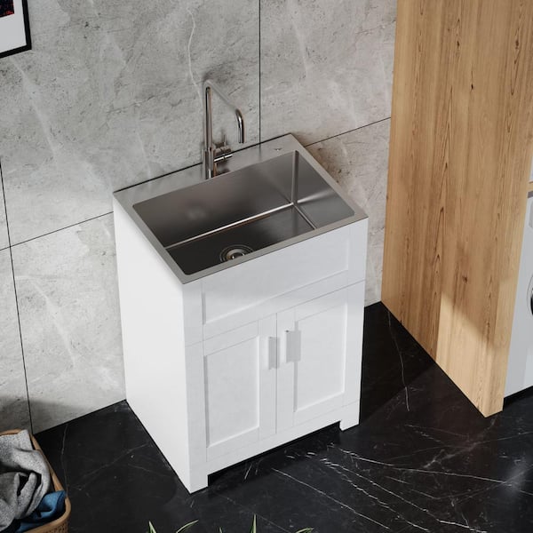 Tatayosi White Laundry Tub Cabinet with Stainless Steel Sink and Faucet