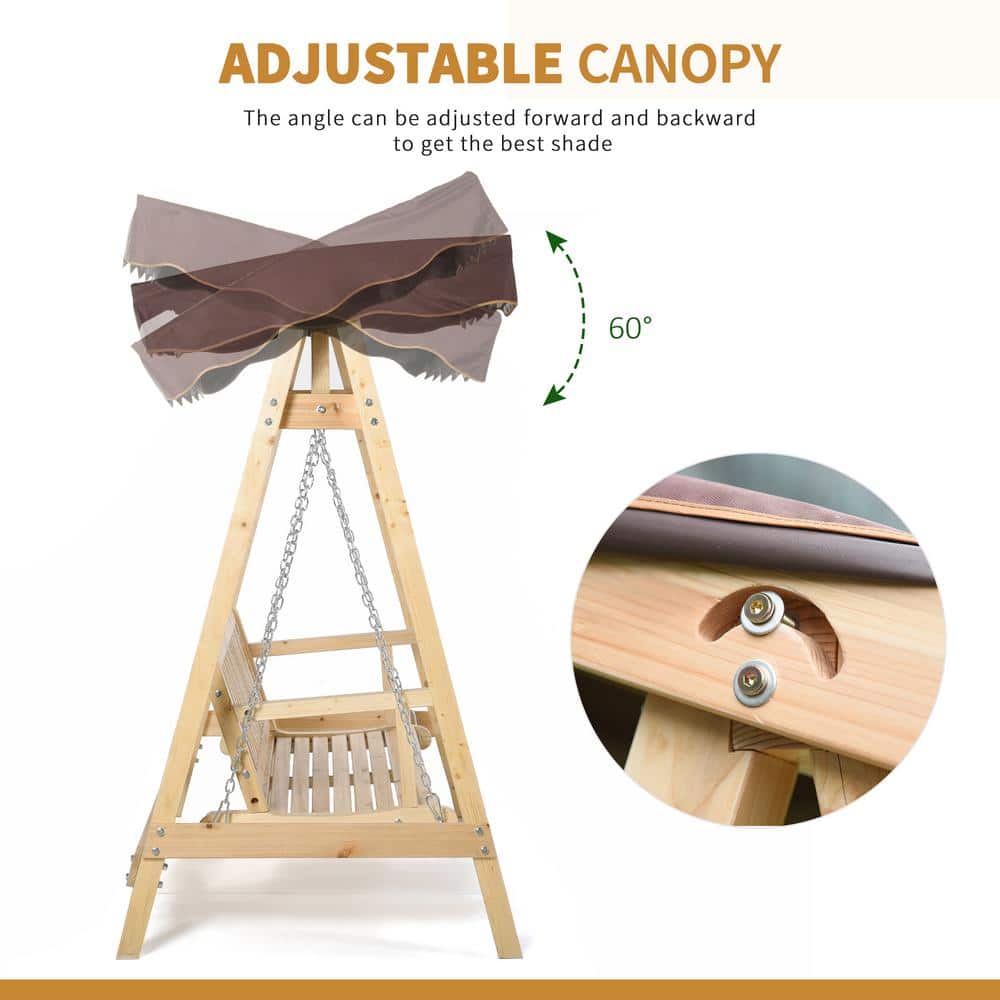 Natural Fir Wood 2-Seater Porch Swing with Brown Canopy