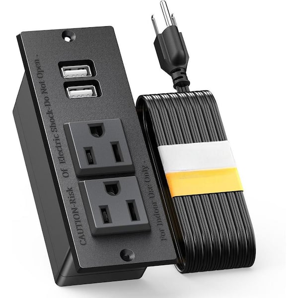 10 ft. Extension Power Cord Flush Mount 2-Outlet with 2 USB Port in Black
