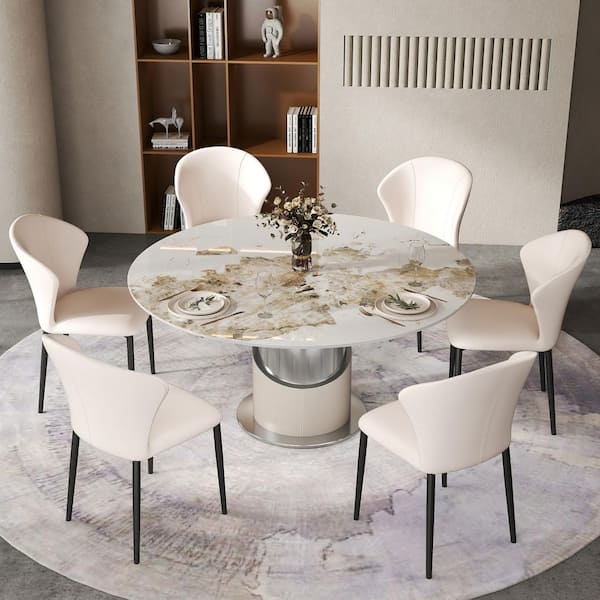 59 in. Pandora Round Sintered Stone Tabletop with Chromed Pedestal Dining Table for 6-8 Person