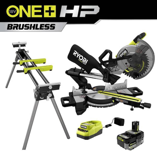 RYOBI ONE+ HP 18V Brushless Cordless 10 in. Sliding Compound Miter Saw Kit with 4.0 Ah Battery, Charger, and Miter Saw Stand