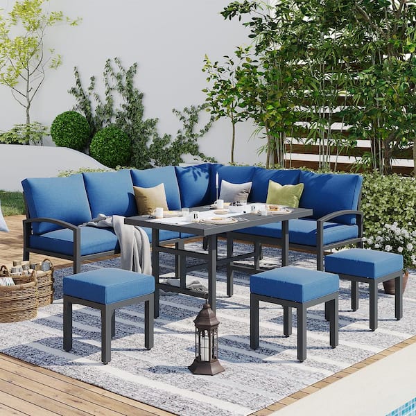 AECOJOY 7-Piece Metal Patio Conversation Set Outdoor Dining Sofa Set with TableandChair, Navy Blue Cushions