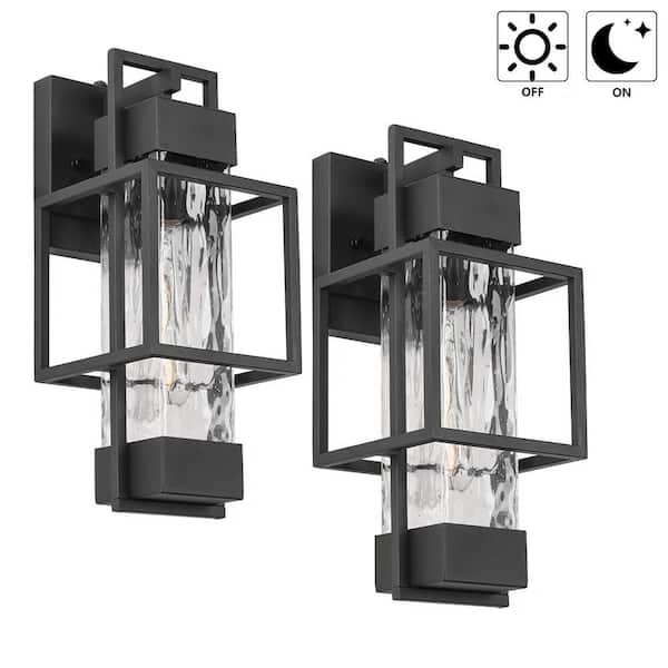 Jushua 2-Pack Textured Black not Motion Sensing Dusk to Dawn Outdoor Hardwired Wall Lantern Sconce with LED