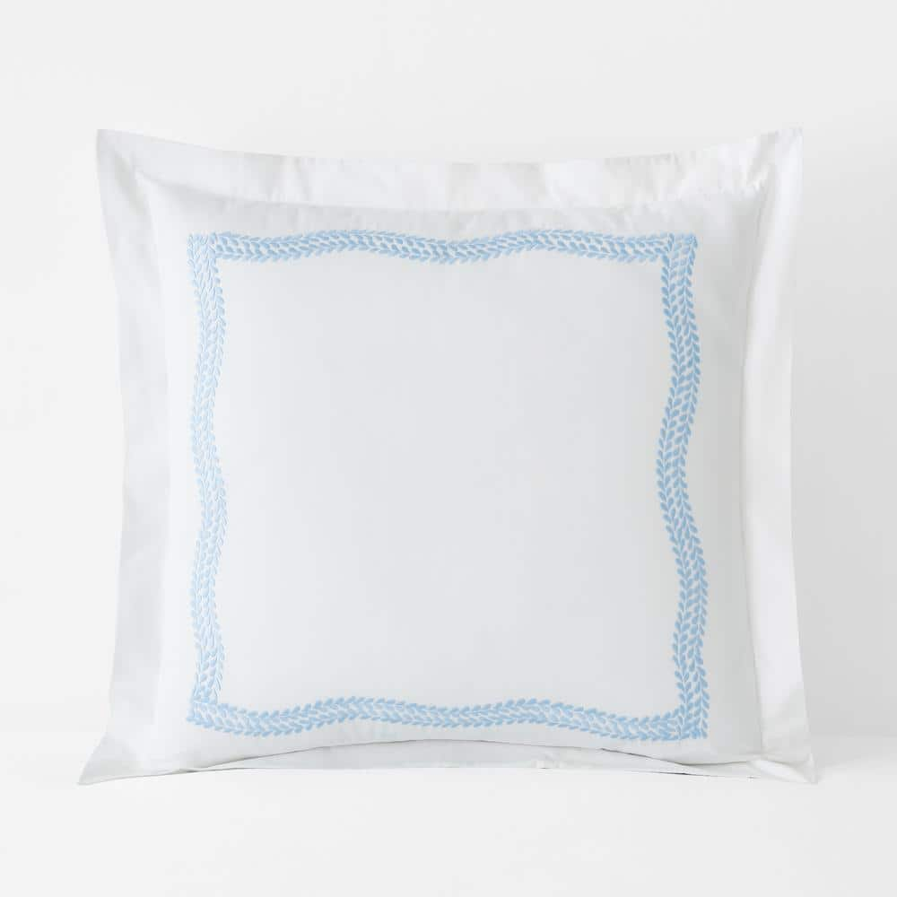 The Company Store Legends Hotel Embroidered Leaf Egyptian White/Blue Cotton  Percale Euro Sham 51073F-E-WHI/BLUE - The Home Depot