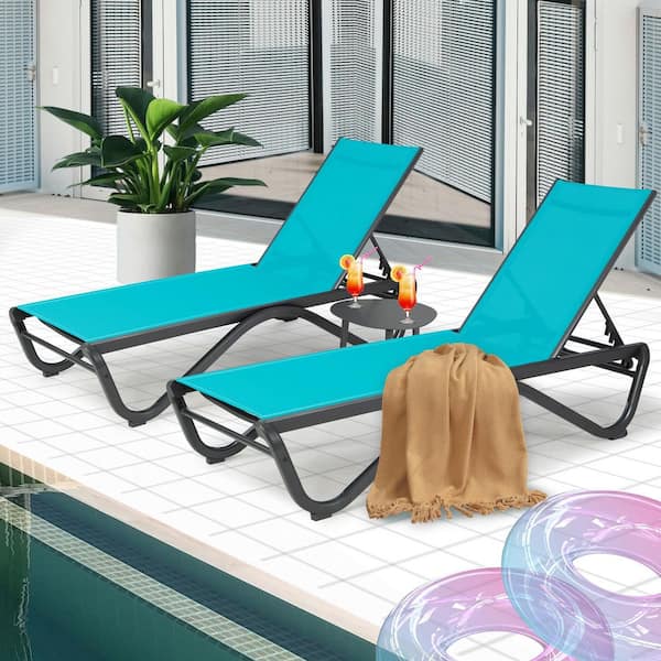 2 Packs Aluminum Outdoor Chaise Lounge with Table-Adjustable Reclining Sunbathing Chair with Full Flat Design (Aqua)