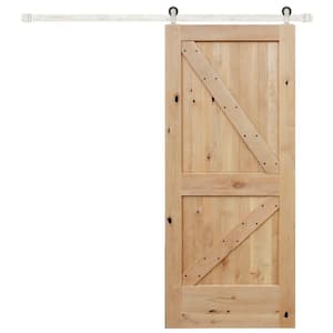 36 in. x 84 in. Rustic Unfinished 2-Panel Right Knotty Alder Wood Sliding Barn Door with Satin Nickel Hardware kit