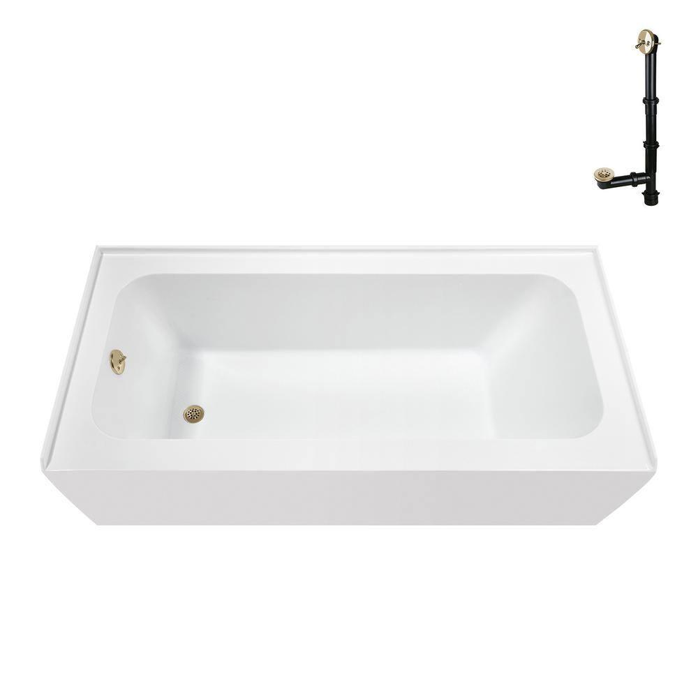 60-Inch Glossy White Acrylic Alcove Bathtub with Polished Brass Drain