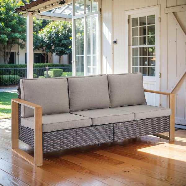Rectangular Framed Armrest 3 Seat Brown Wicker Outdoor Patio Sofa Couch with Deep Seating & Gray Fade-Resistant Cushions