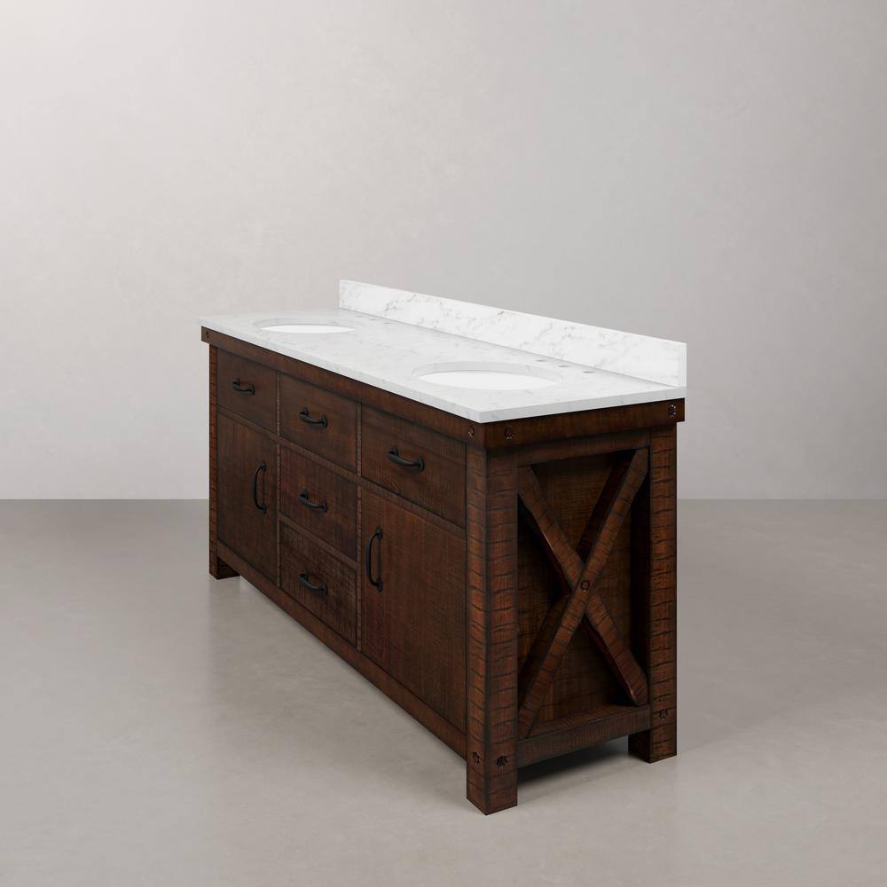 Aberdeen 72" Double Sink Rustic Sierra Vanity with Carrara White Marble Top