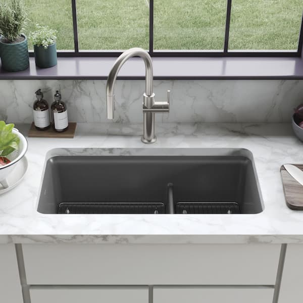 Cairn Matte Graphite Granite Composite 33 .5 in. Double Bowl Undermount Kitchen Sink
