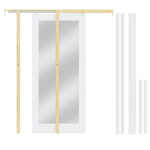 36 in. x 80 in. White Primed Wood 1-Lite Mirrored Glass Sliding Pocket Door with Door Frame, Jamb and Hardware Kit