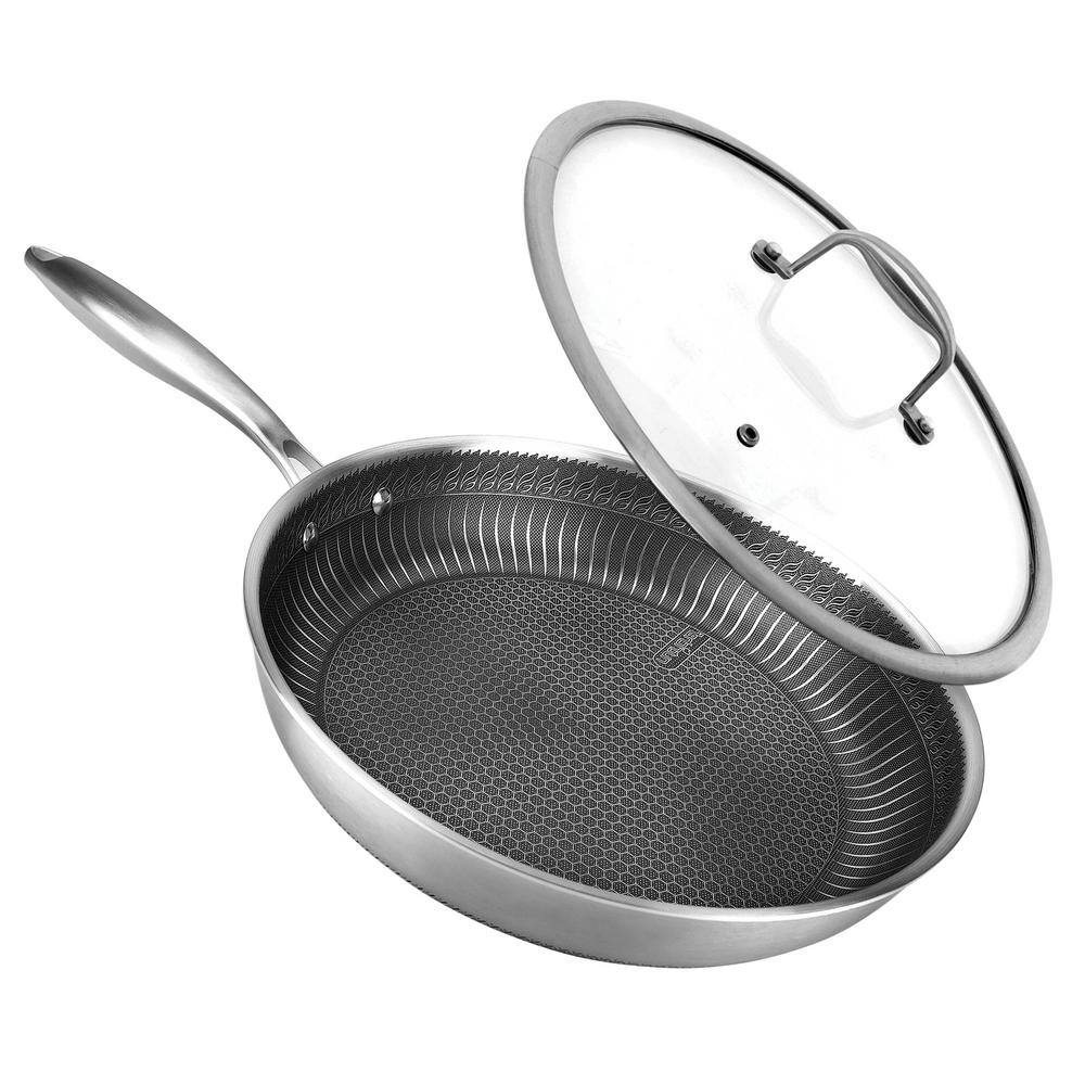 nutrichef nc3pl12 nonstick tri-ply stainless steel stir fry pan with glass lid  12 inch