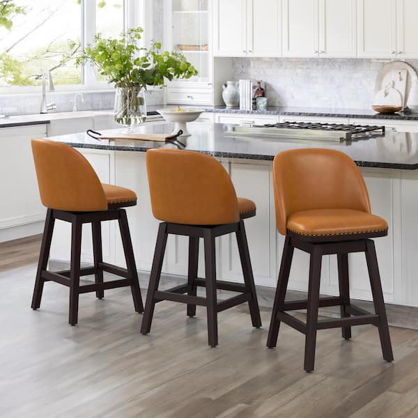 26 in. Whiskey Brown Wood Frame Fabric Swivel Cushioned Bar Stool, Swivel Counter Stool (Set of 3)