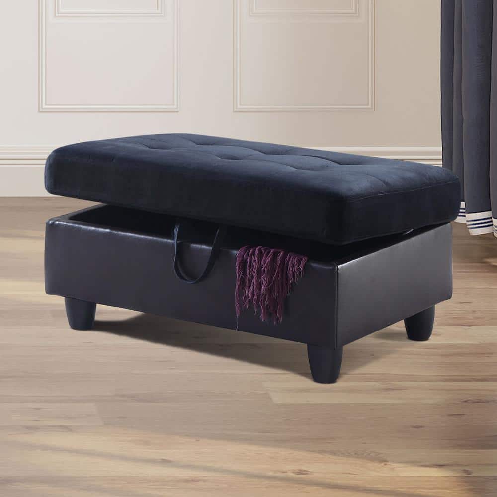 34 in. W Dark Blue And Brown Cotton Rectangle Ottoman with Storage