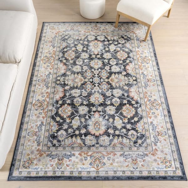 Myla Floral Medallion Washable Blue 9 ft. x 12 ft. Indoor Area Rug