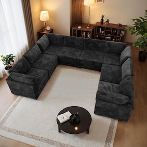 130 in. Square Arm Modern 8-Piece Plush Corduroy U-Shape Free Combination Modular Sectional Sofa in Black with