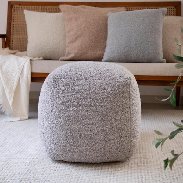 Unbranded Solid Mid-Century Modern Hand Woven Gray Boucle Square 18 in. Pouf