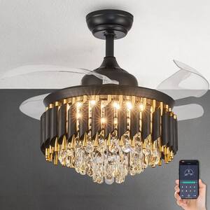 36 in. Integrated LED Indoor Black Crystal Chandelier Ceiling Fan with Lights and Remote Retractable Fan Light