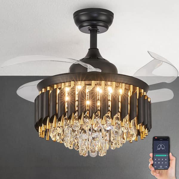 ANTOINE 36 in. Integrated LED Indoor Black Crystal Chandelier Ceiling Fan with Lights and Remote Retractable Fan Light