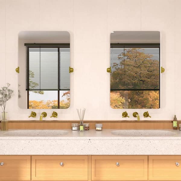Edge 24 in. W x 36 in. H Rectangular Framed Adjustable Tilt Wall-Mounted Bathroom Vanity Mirror in Brushed Gold