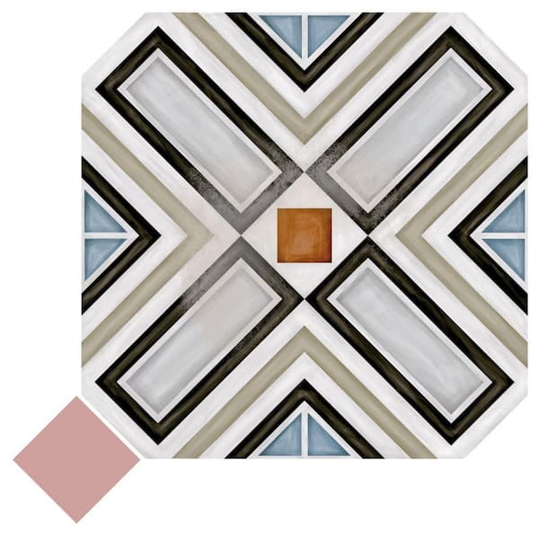 Merola Tile Vaudeville Octagon Deco Ritter with Taco Pink 8 in. x 8 in. Porcelain Floor and Wall Take Home Tile Sample