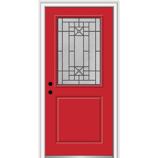 MMI DOOR 36 in. x 80 in. Courtyard Right-Hand 1/2 Lite Decorative Painted Fiberglass Smooth Prehung Front Door, 4-9/16 in. Frame