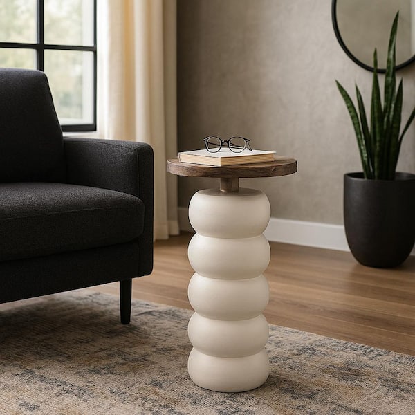 White 10 in. Round Petrified Wood Top Stacked Ring Accent Table