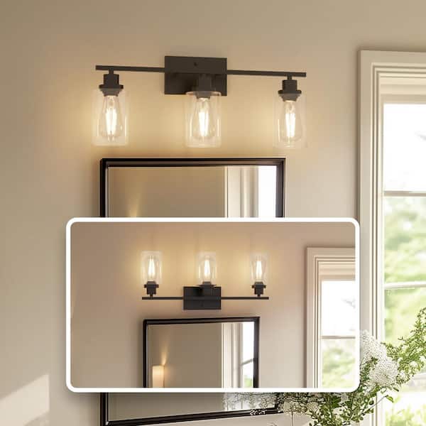 24 in. 3-Light Industrial Matte Black Vanity Light Fixtures for Bathroom with Clear Glass Shades