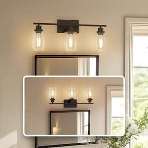 24 in. 3-Light Industrial Matte Black Vanity Light Fixtures for Bathroom with Clear Glass Shades