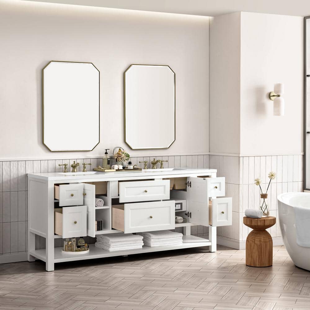 Bright White Solid Wood Double Vanity with Brass Knobs