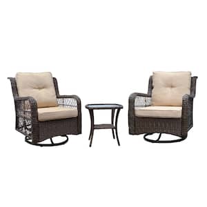 3-Piece Brown Resin Wicker Outdoor Bistro Set with Khaki Cushions Swivel Rocking Chairs Tempered Glass Side Coffee Table