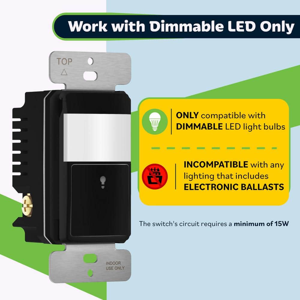 Black Single Pole Motion Sensor Switch Set with 180 Degree Field of View