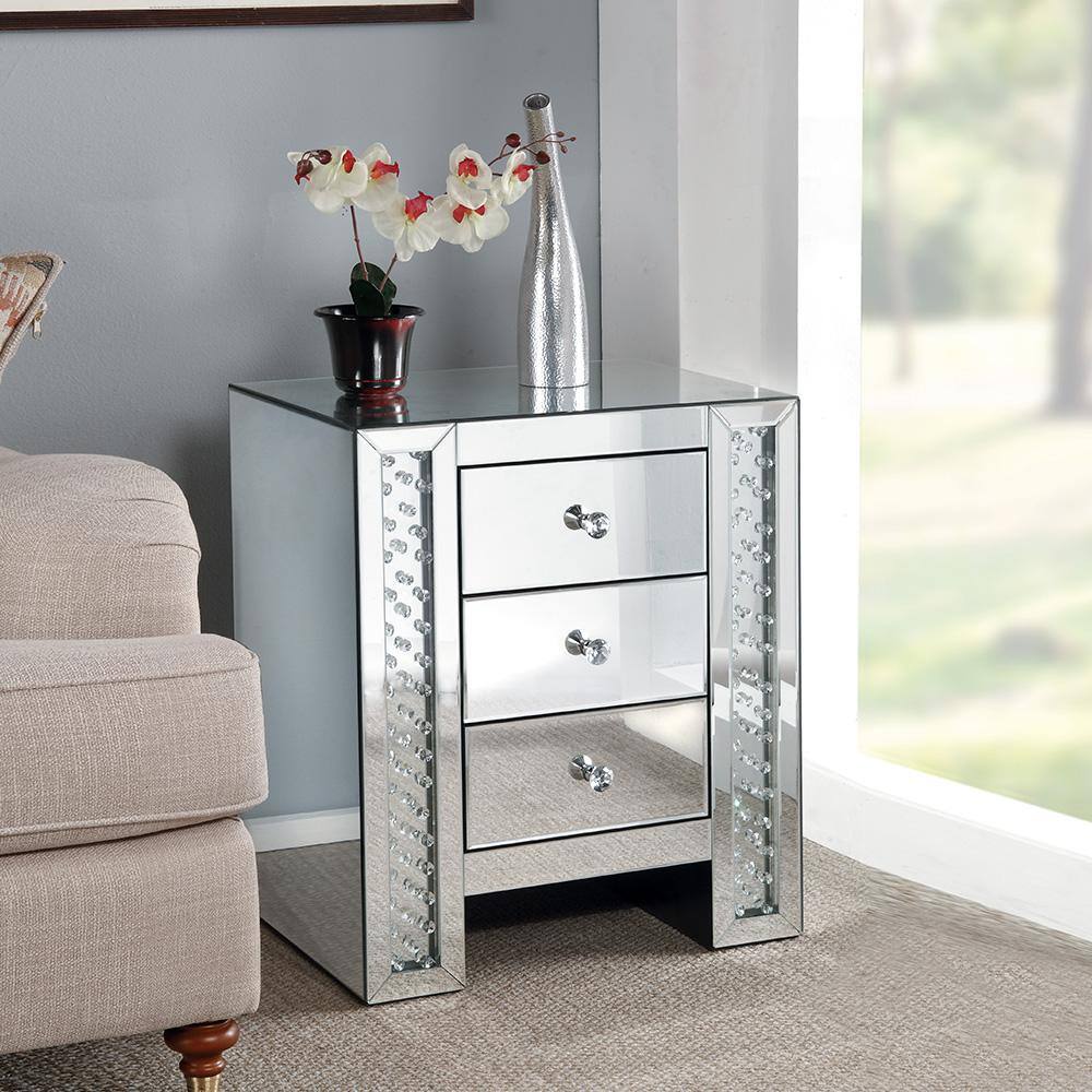 Round Mirrored Wood and Glass Accent Table with Storage