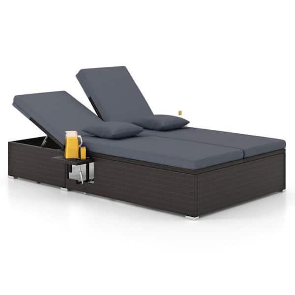 PE Rattan Wicker Outdoor Day Bed Chaise Lounge with Gray Cushion, Folding Side Trays