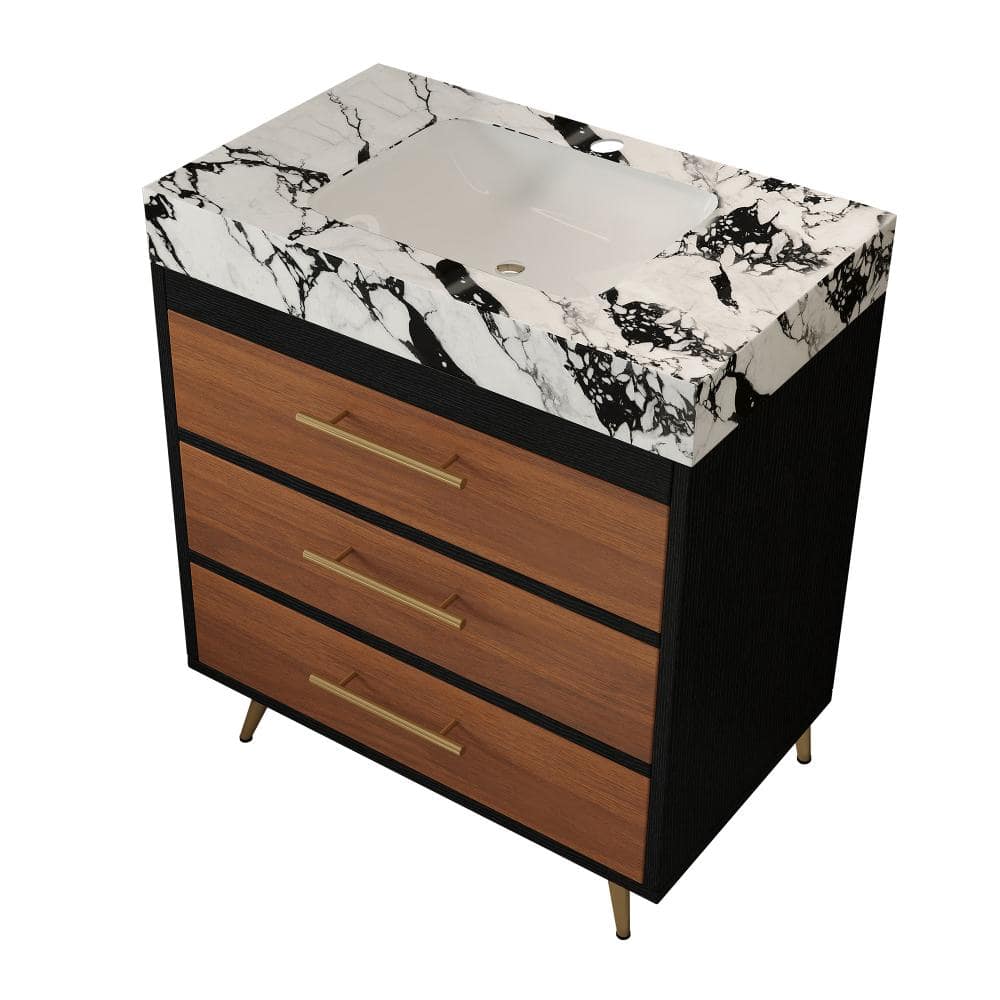 30 in. Freestanding Black Walnut Bath Vanity with Black White Sintered Stone Top Unassembled