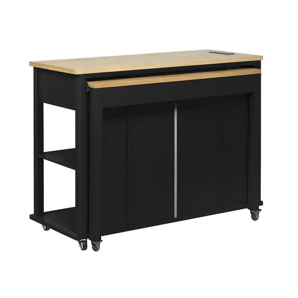 Tenleaf Black Wood 47 in. Kitchen Island Kitchen Cart with Extendable Dining Table, Power Outlet, Adjustable Shelf