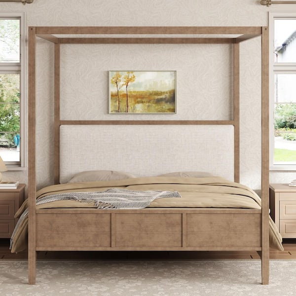 Yellow Solid Wood Frame Queen Platform Bed with Upholstery Headboard
