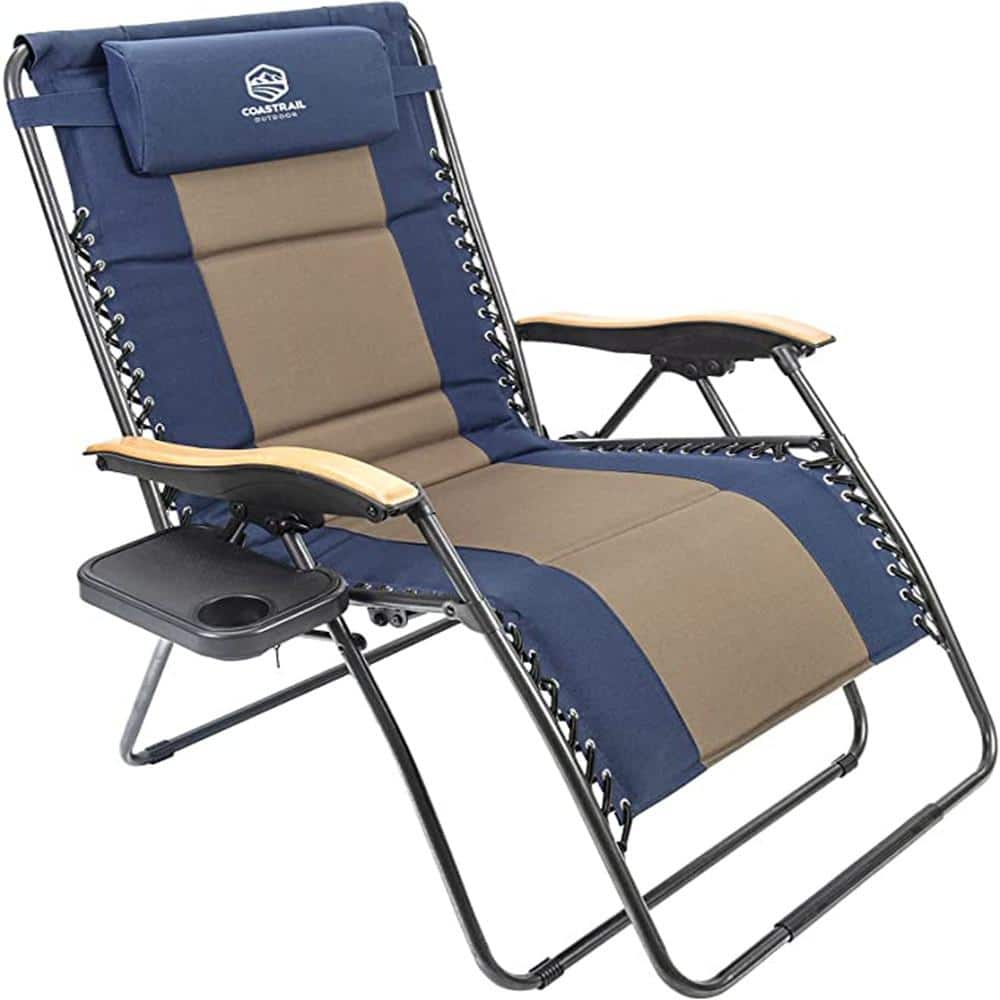 Outdoor Folding 0-Gravity Navy Blue and Brown Lounge Chair with Wood Armres