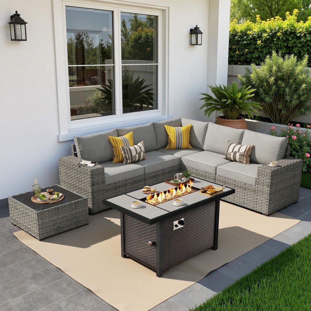 Ruby 7-Piece Wicker Outdoor Patio Fire Pit Sectional Sofa Set with a Table and Dark Grey Cushions price history on PriceWatchPro