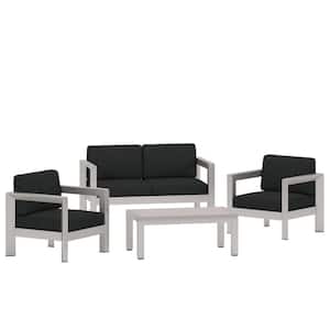 Alvira Silver 4-Piece Aluminum Patio Conversation Set with Grey Cushions