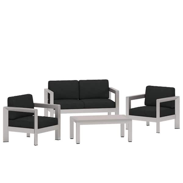 Noble House Alvira Silver 4-Piece Aluminum Patio Conversation Set with Grey Cushions