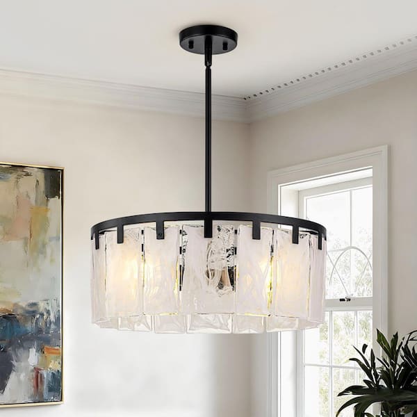 Modern 4-Light Matte Black Drum Chandelier with Cloud-Textured Glass for Dining Room Living Room Kitchen