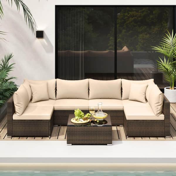 7-Pieces Patio Rattan Metal Patio Conversation Set with Sectional Sofa Cushions in Beige