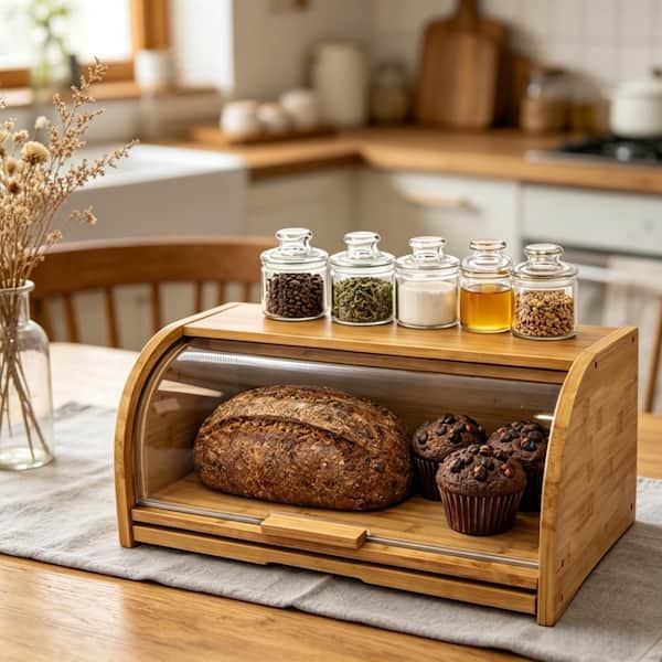 Large Bamboo Bread Box with Roll Top and Cutting Board for Kitchen Counter, Bread Storage and Bin Organizer (1-Pack)