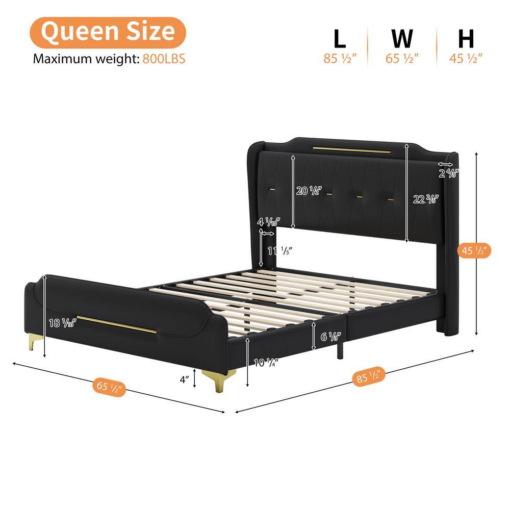 Black Faux Leather Queen Bed with Wingback Headboard and Gold Accents