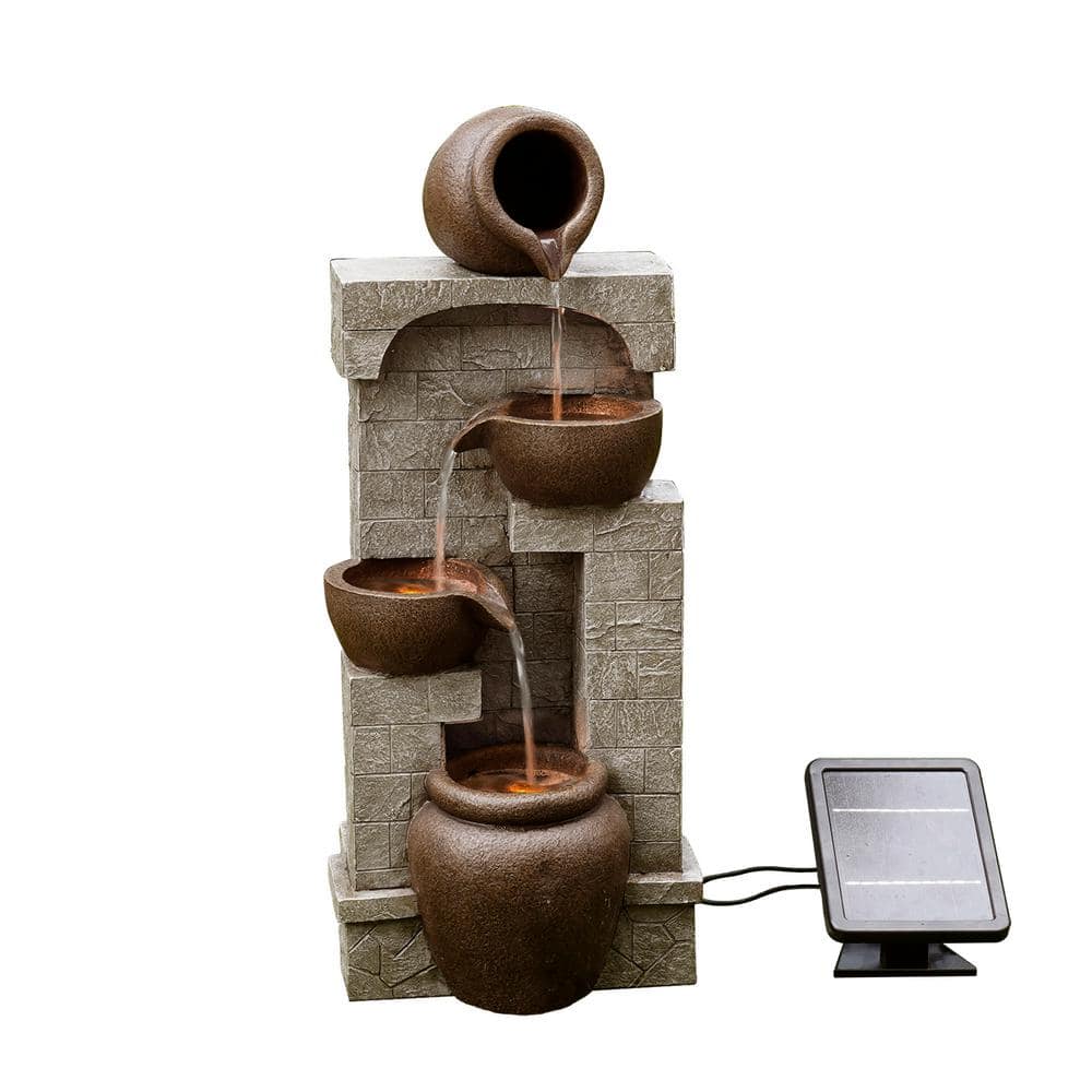 28.5" Brown Stone-Look Solar Powered 4-Tier Water Fountain
